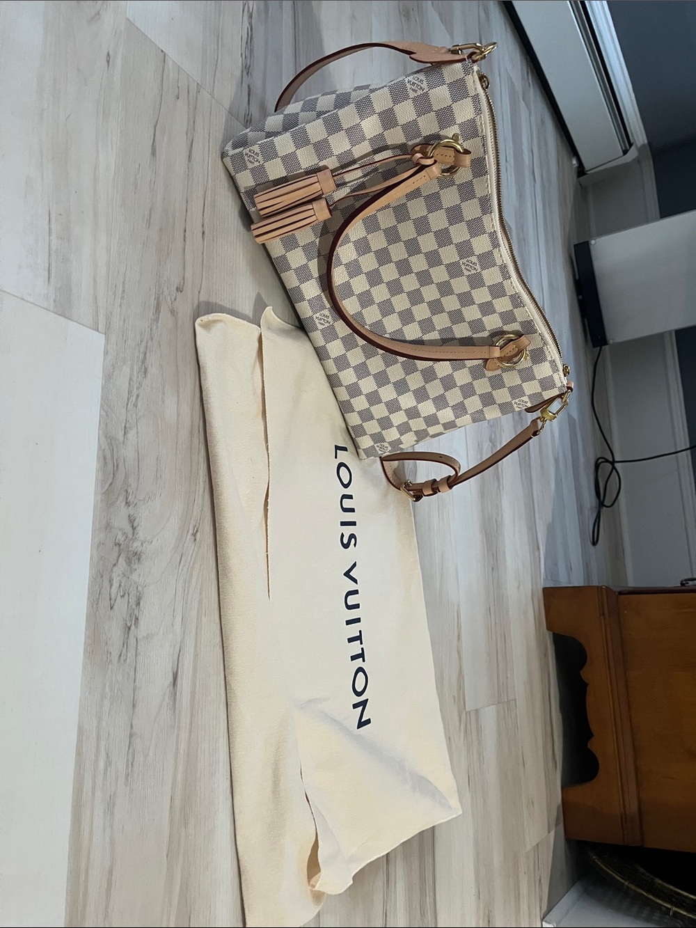 Louis Vuitton Damier Azur Check Canvas Tote with Tan Leather Trim